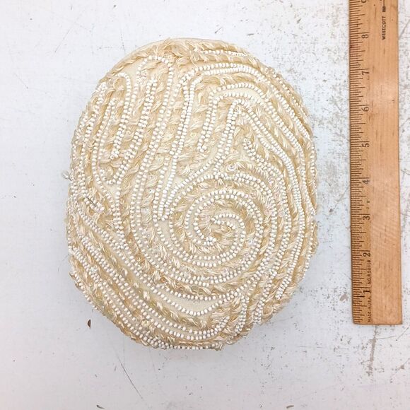 Amy New York Cocktail Cap Fascinator Hat Beaded w/ Pearl Cream White Headdress - Picture 13 of 14